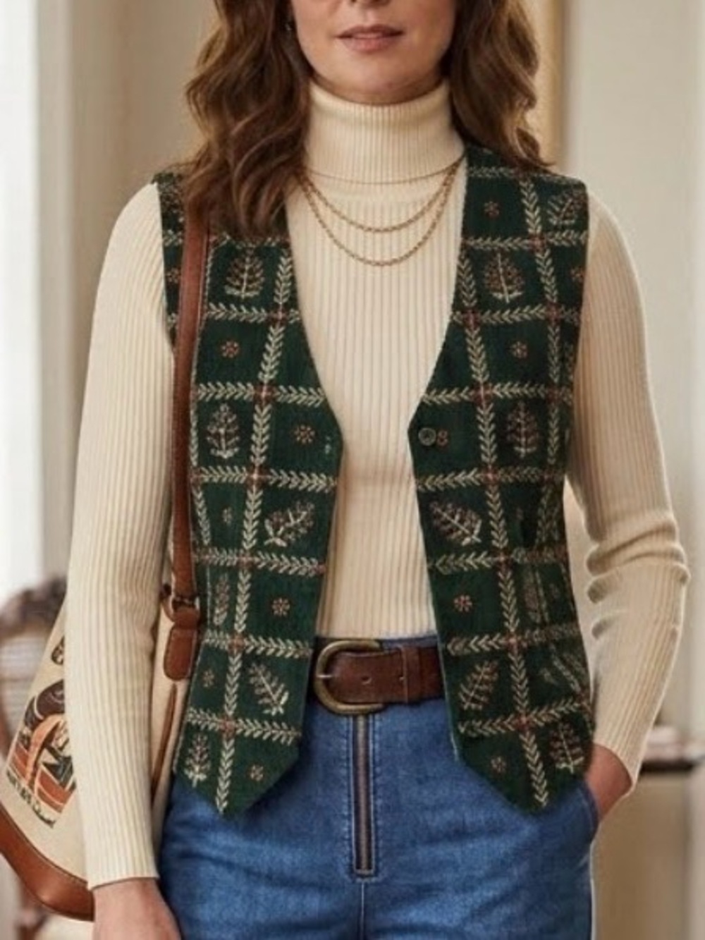 Vintage Paul Harris 100% Cotton Green Corduroy Embroidered Women's Vest -